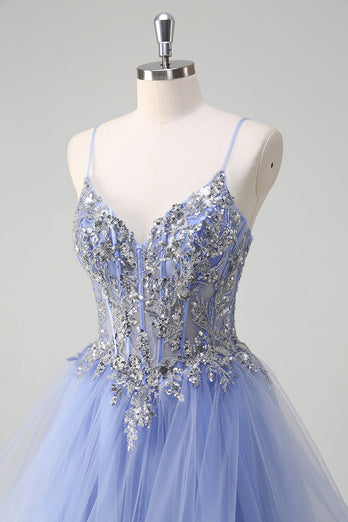 Glitzer Hellblau A Linien Spaghettiträger Tüll Langes Ballkleid mit Rüschen