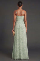 Laden Sie das Bild in den Galerie-Viewer, Salbeigrün Blumenmuster Meerjungfrau Spaghettiträger Abendkleid mit Schlitz