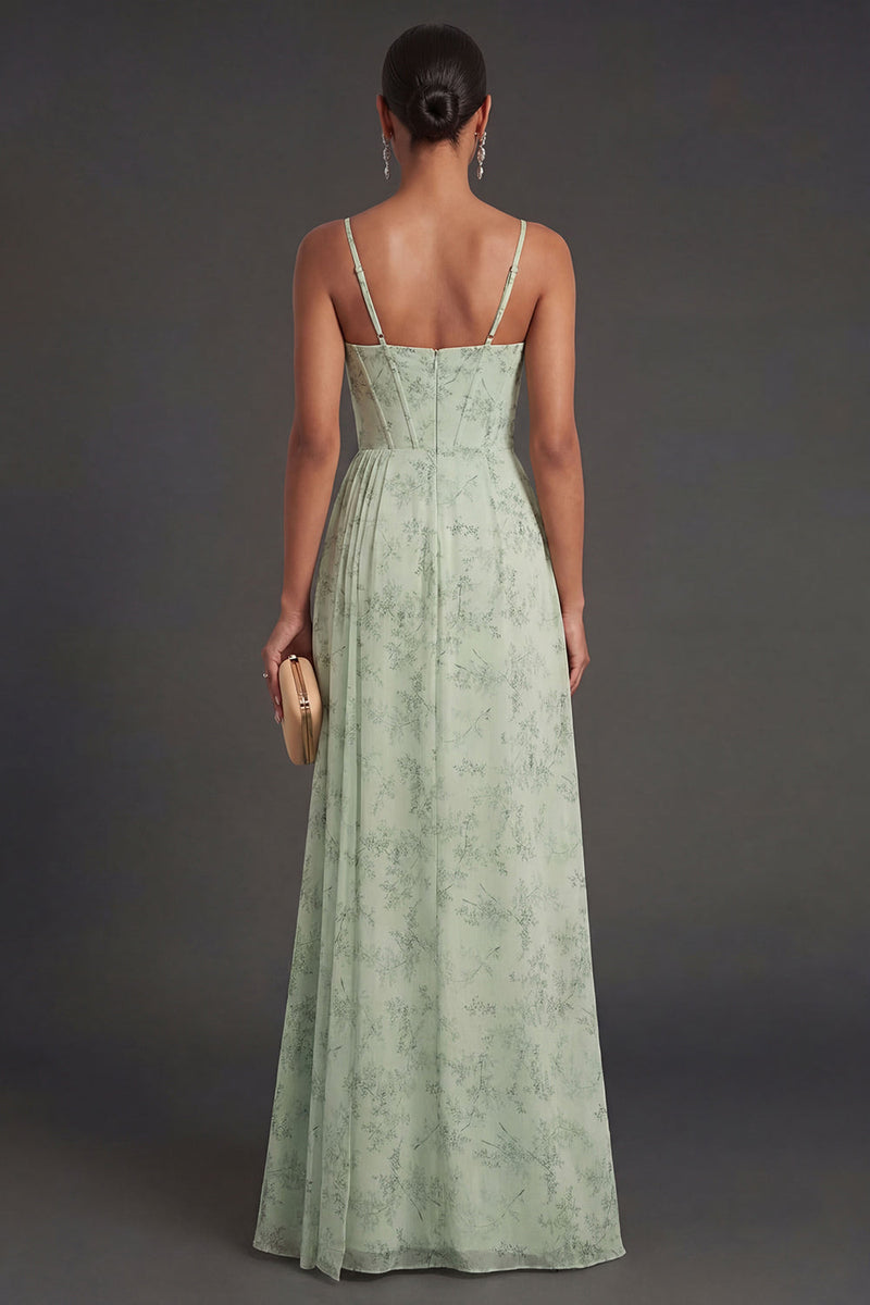 Laden Sie das Bild in den Galerie-Viewer, Salbeigrün Blumenmuster Meerjungfrau Spaghettiträger Abendkleid mit Schlitz