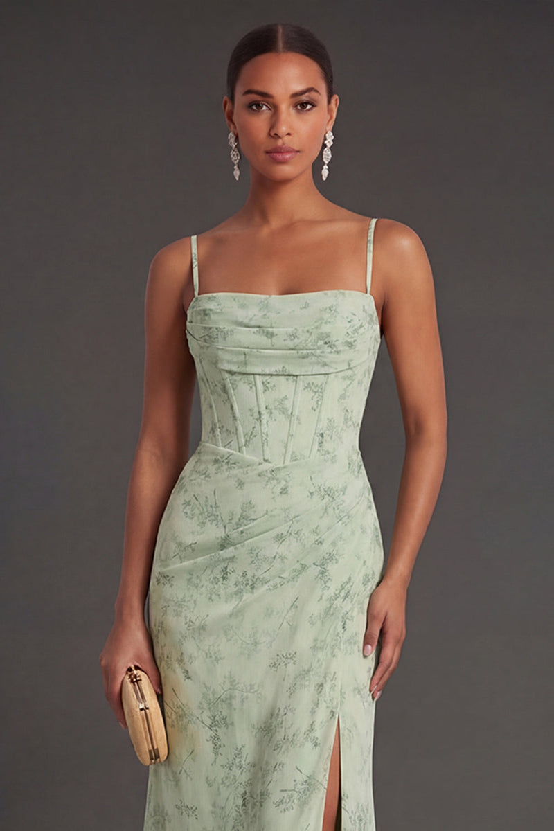 Laden Sie das Bild in den Galerie-Viewer, Salbeigrün Blumenmuster Meerjungfrau Spaghettiträger Abendkleid mit Schlitz
