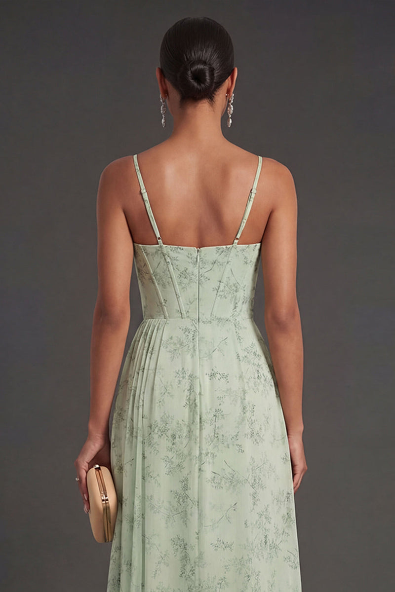 Laden Sie das Bild in den Galerie-Viewer, Salbeigrün Blumenmuster Meerjungfrau Spaghettiträger Abendkleid mit Schlitz