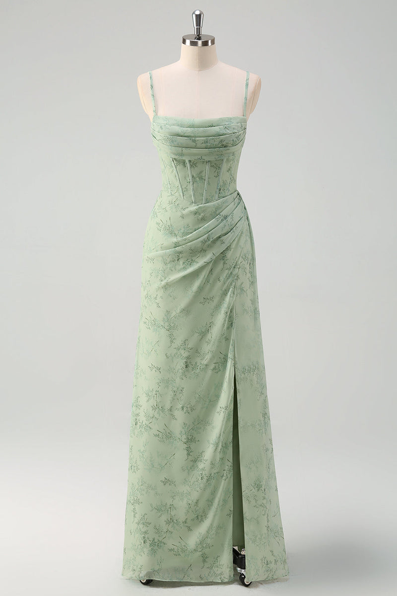 Laden Sie das Bild in den Galerie-Viewer, Leely Women Dusty Sage Floral Mermaid Prom Dress Chiffon Spaghetti Strap Party Gala Dress with Slit