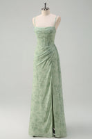 Laden Sie das Bild in den Galerie-Viewer, Salbeigrün Blumenmuster Meerjungfrau Spaghettiträger Abendkleid mit Schlitz