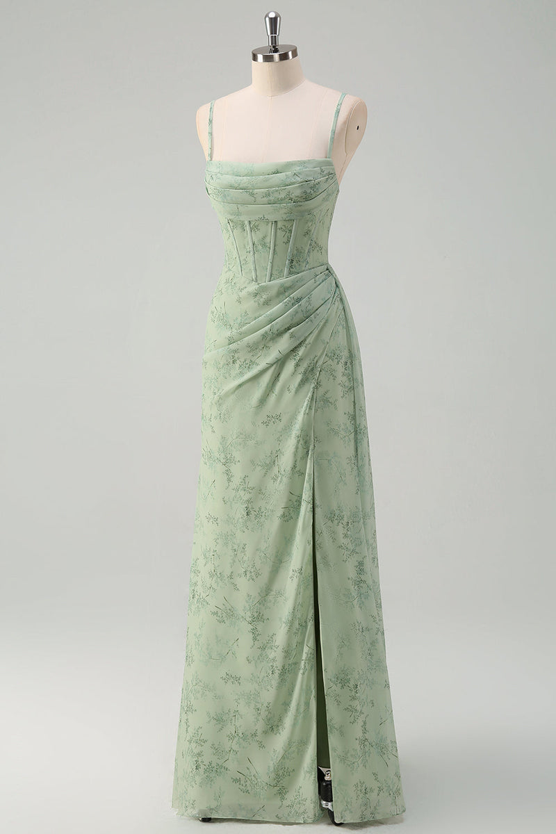 Laden Sie das Bild in den Galerie-Viewer, Salbeigrün Blumenmuster Meerjungfrau Spaghettiträger Abendkleid mit Schlitz