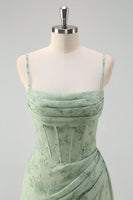 Laden Sie das Bild in den Galerie-Viewer, Salbeigrün Blumenmuster Meerjungfrau Spaghettiträger Abendkleid mit Schlitz