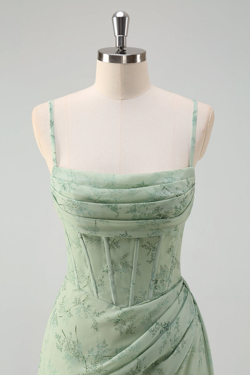 Laden Sie das Bild in den Galerie-Viewer, Salbeigrün Blumenmuster Meerjungfrau Spaghettiträger Abendkleid mit Schlitz