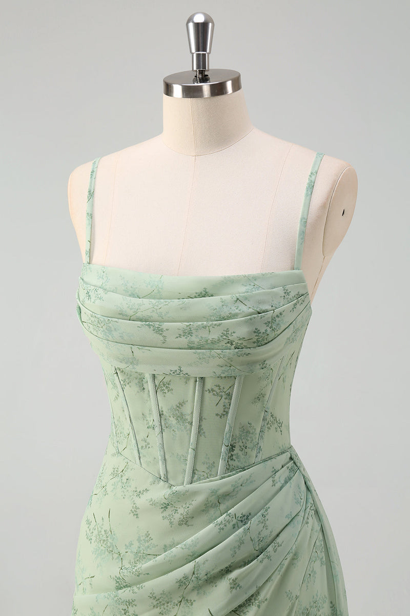 Laden Sie das Bild in den Galerie-Viewer, Salbeigrün Blumenmuster Meerjungfrau Spaghettiträger Abendkleid mit Schlitz