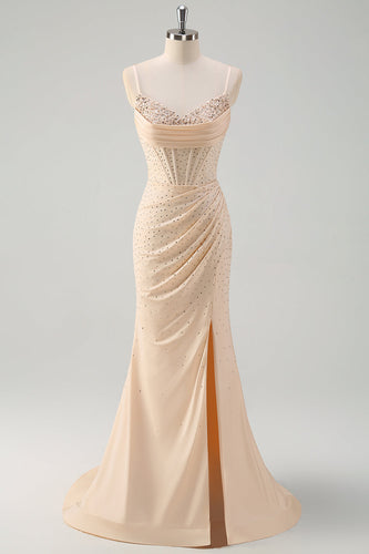 Glitzer Gelbes Korsett Langes Abendkleider Spaghettiträger Ballkleid mit Perlen