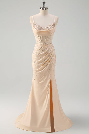 Glitzer Gelbes Korsett Langes Abendkleider Spaghettiträger Ballkleid mit Perlen