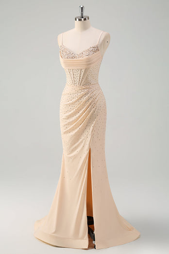 Glitzer Gelbes Korsett Langes Abendkleider Spaghettiträger Ballkleid mit Perlen
