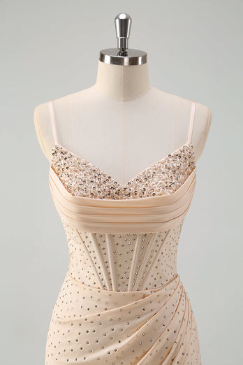 Glitzer Gelbes Korsett Langes Abendkleider Spaghettiträger Ballkleid mit Perlen