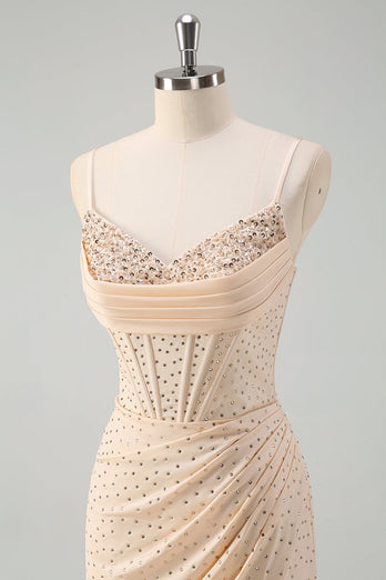 Glitzer Gelbes Korsett Langes Abendkleider Spaghettiträger Ballkleid mit Perlen