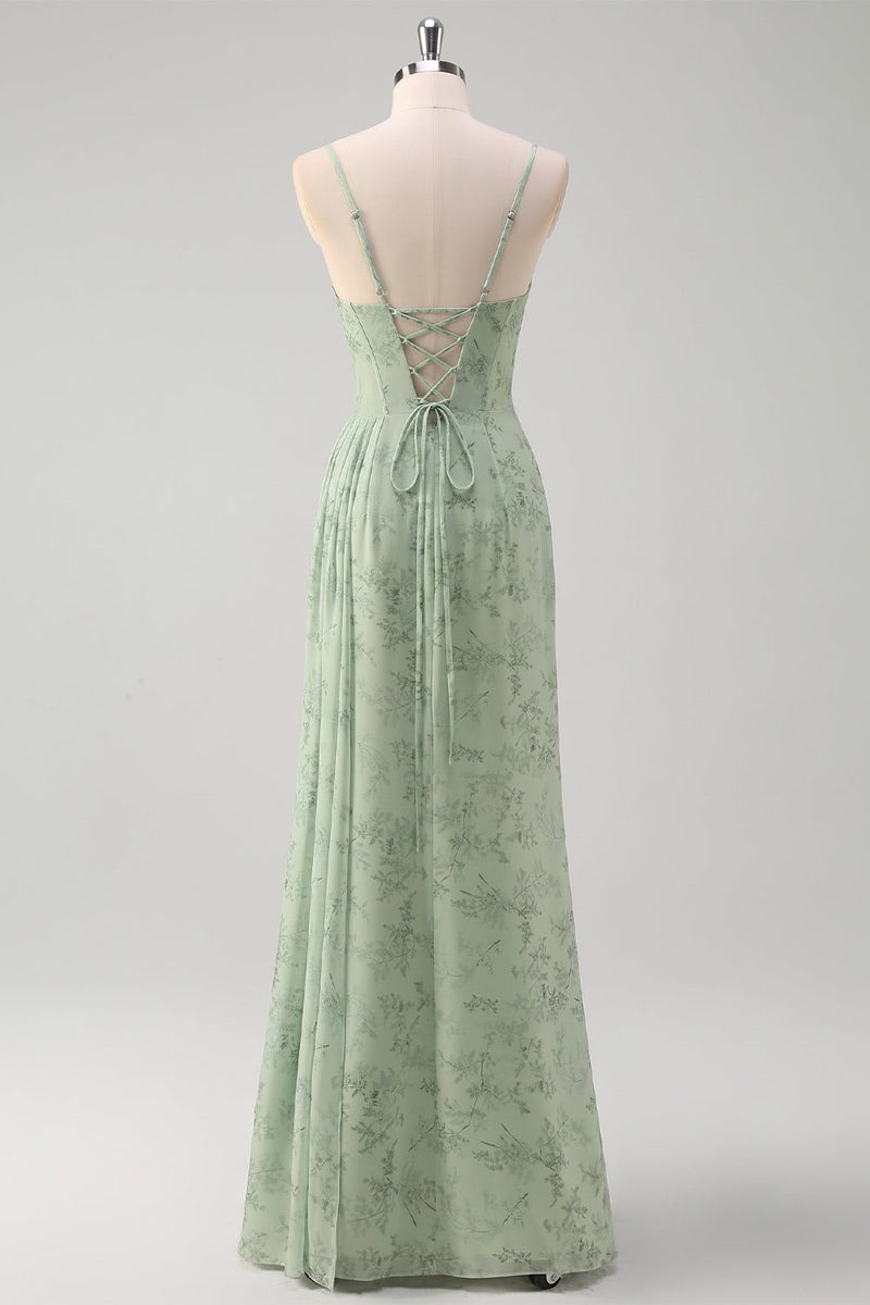 Laden Sie das Bild in den Galerie-Viewer, Salbeigrün Blumenmuster Meerjungfrau Spaghettiträger Abendkleid mit Schlitz
