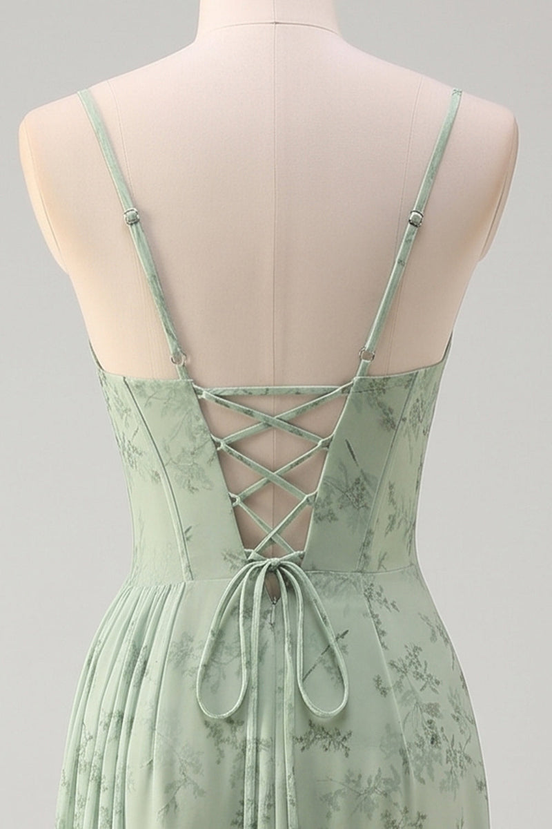 Laden Sie das Bild in den Galerie-Viewer, Salbeigrün Blumenmuster Meerjungfrau Spaghettiträger Abendkleid mit Schlitz