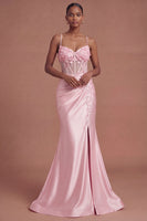 Laden Sie das Bild in den Galerie-Viewer, Leely Women Pink Corset Appliqued Mermaid Long Prom Dress with Slit Spaghetti Straps Floral Satin Formal Dress with Criss Cross Back Debs Dress