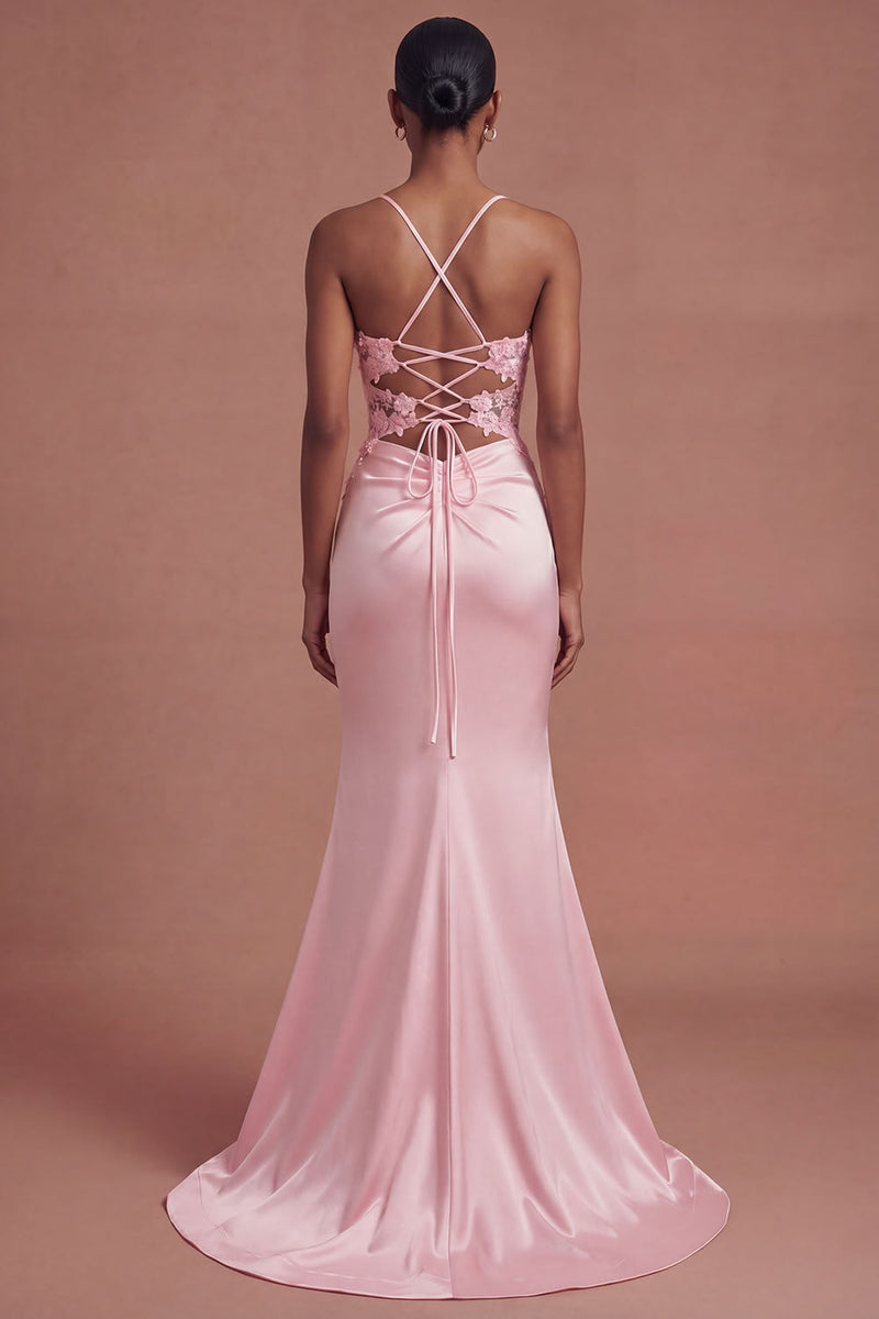 Laden Sie das Bild in den Galerie-Viewer, Rosa Corsage Applikation Satin Meerjungfrau Abiballkleid mit Schlitz