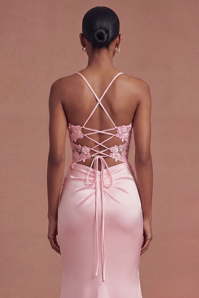 Laden Sie das Bild in den Galerie-Viewer, Rosa Corsage Applikation Satin Meerjungfrau Abiballkleid mit Schlitz