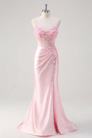 Laden Sie das Bild in den Galerie-Viewer, Leely Women Pink Corset Applique Mermaid Prom Dress with Slit Spaghetti Straps Satin Formal Gala Dress with Criss Cross Back