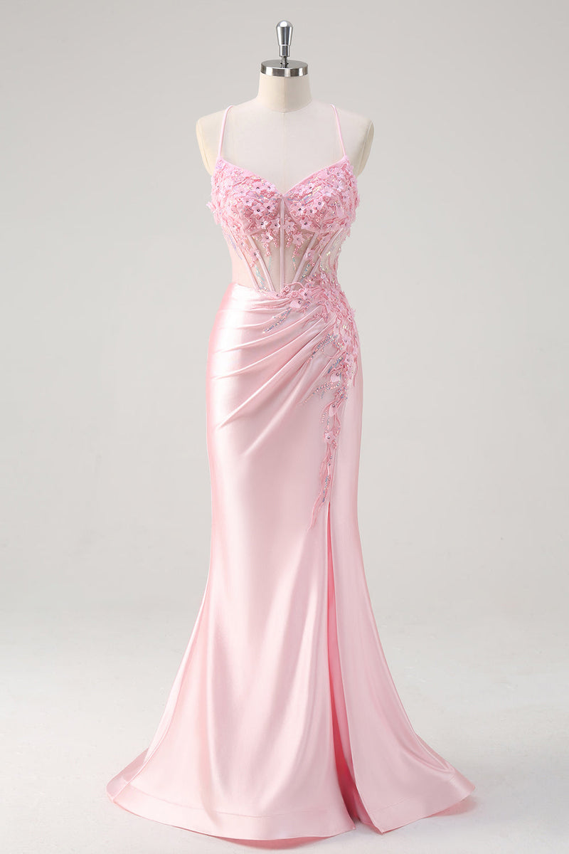 Laden Sie das Bild in den Galerie-Viewer, Leely Women Pink Corset Applique Mermaid Prom Dress with Slit Spaghetti Straps Satin Formal Gala Dress with Criss Cross Back