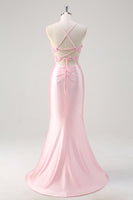 Laden Sie das Bild in den Galerie-Viewer, Rosa Corsage Applikation Satin Meerjungfrau Abiballkleid mit Schlitz