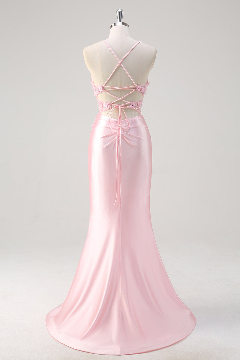 Laden Sie das Bild in den Galerie-Viewer, Rosa Corsage Applikation Satin Meerjungfrau Abiballkleid mit Schlitz