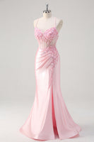 Laden Sie das Bild in den Galerie-Viewer, Rosa Corsage Applikation Satin Meerjungfrau Abiballkleid mit Schlitz