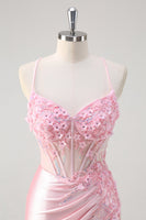 Laden Sie das Bild in den Galerie-Viewer, Rosa Corsage Applikation Satin Meerjungfrau Abiballkleid mit Schlitz