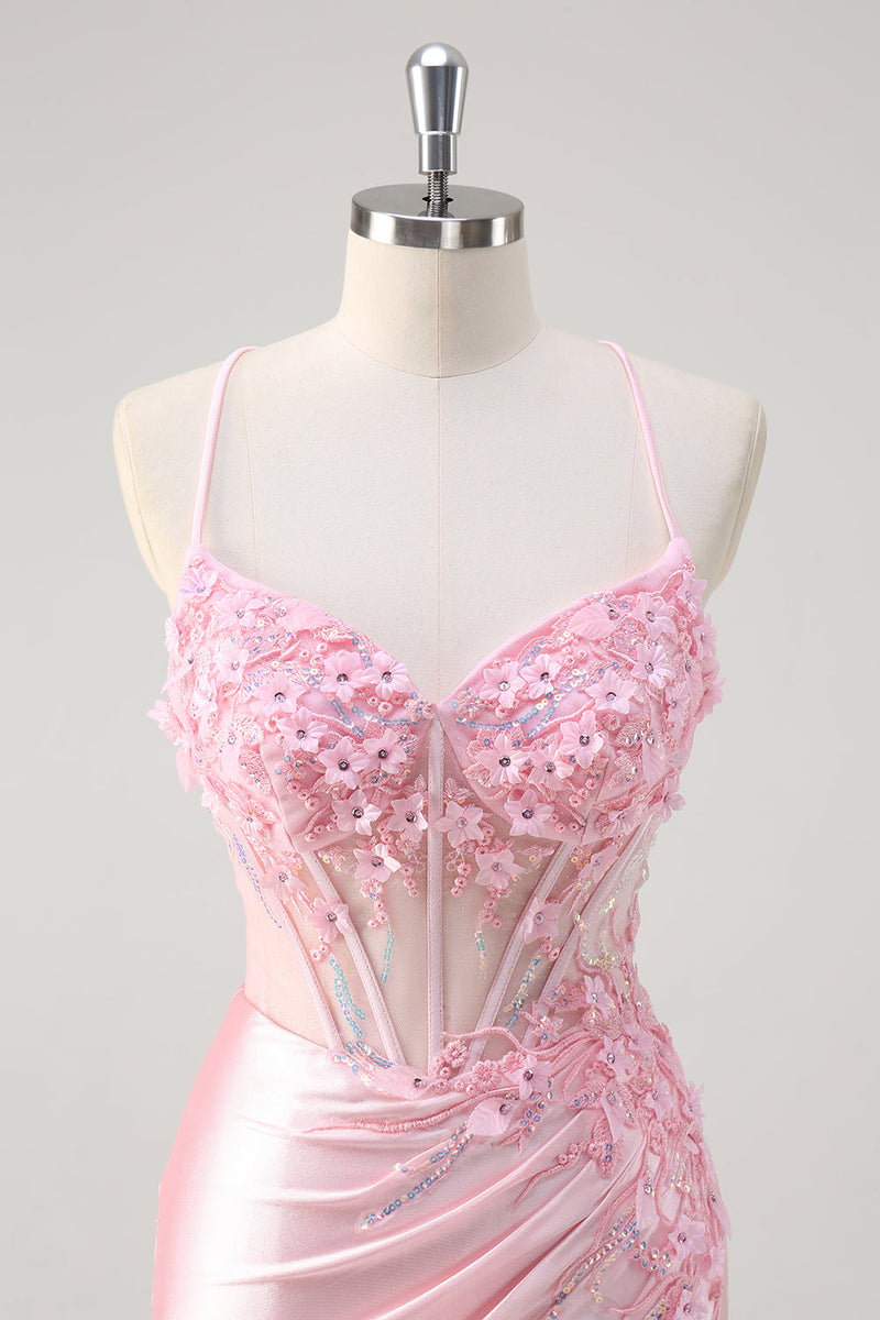 Laden Sie das Bild in den Galerie-Viewer, Rosa Corsage Applikation Satin Meerjungfrau Abiballkleid mit Schlitz