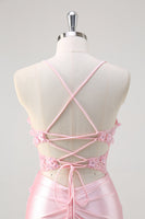Laden Sie das Bild in den Galerie-Viewer, Rosa Corsage Applikation Satin Meerjungfrau Abiballkleid mit Schlitz