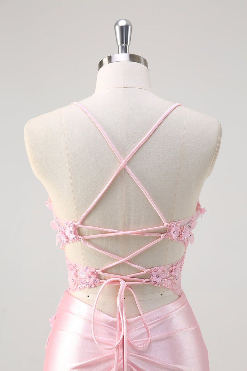 Laden Sie das Bild in den Galerie-Viewer, Rosa Corsage Applikation Satin Meerjungfrau Abiballkleid mit Schlitz
