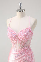 Laden Sie das Bild in den Galerie-Viewer, Rosa Corsage Applikation Satin Meerjungfrau Abiballkleid mit Schlitz