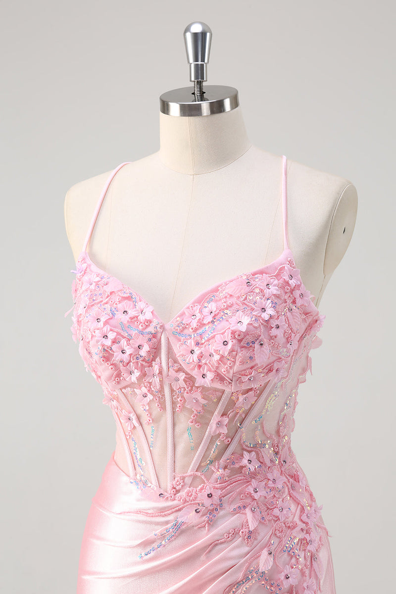 Laden Sie das Bild in den Galerie-Viewer, Rosa Corsage Applikation Satin Meerjungfrau Abiballkleid mit Schlitz
