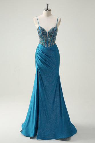 Glitzer Blaues Spaghettiträger Perlen Korsett Langes Ballkleid mit Schlitz