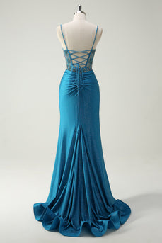 Glitzer Blaues Spaghettiträger Perlen Korsett Langes Ballkleid mit Schlitz