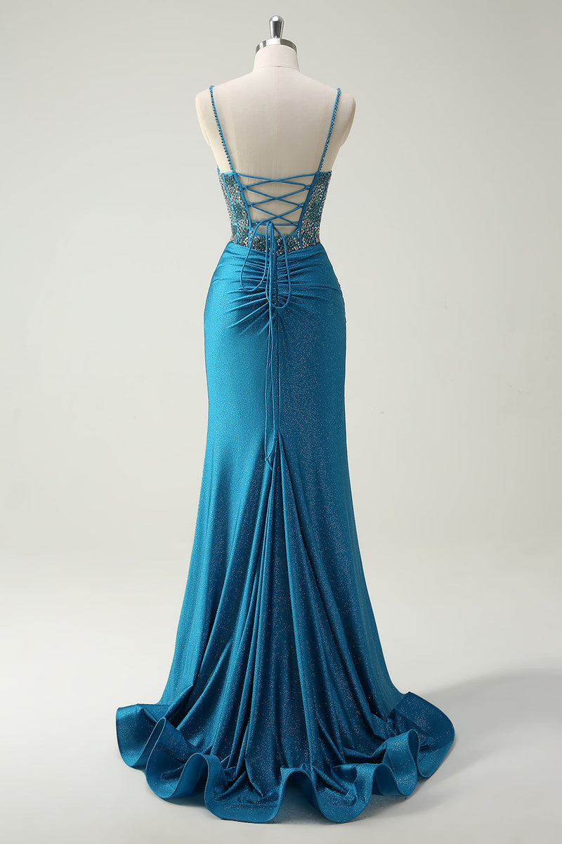 Laden Sie das Bild in den Galerie-Viewer, Glitzer Blaues Spaghettiträger Perlen Korsett Langes Ballkleid mit Schlitz