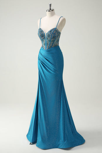 Glitzer Blaues Spaghettiträger Perlen Korsett Langes Ballkleid mit Schlitz