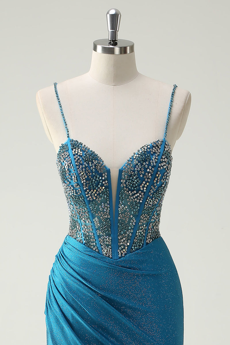 Laden Sie das Bild in den Galerie-Viewer, Glitzer Blaues Spaghettiträger Perlen Korsett Langes Ballkleid mit Schlitz