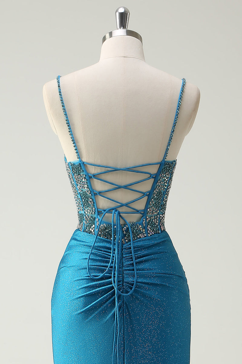 Laden Sie das Bild in den Galerie-Viewer, Glitzer Blaues Spaghettiträger Perlen Korsett Langes Ballkleid mit Schlitz