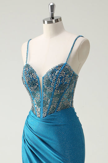 Glitzer Blaues Spaghettiträger Perlen Korsett Langes Ballkleid mit Schlitz
