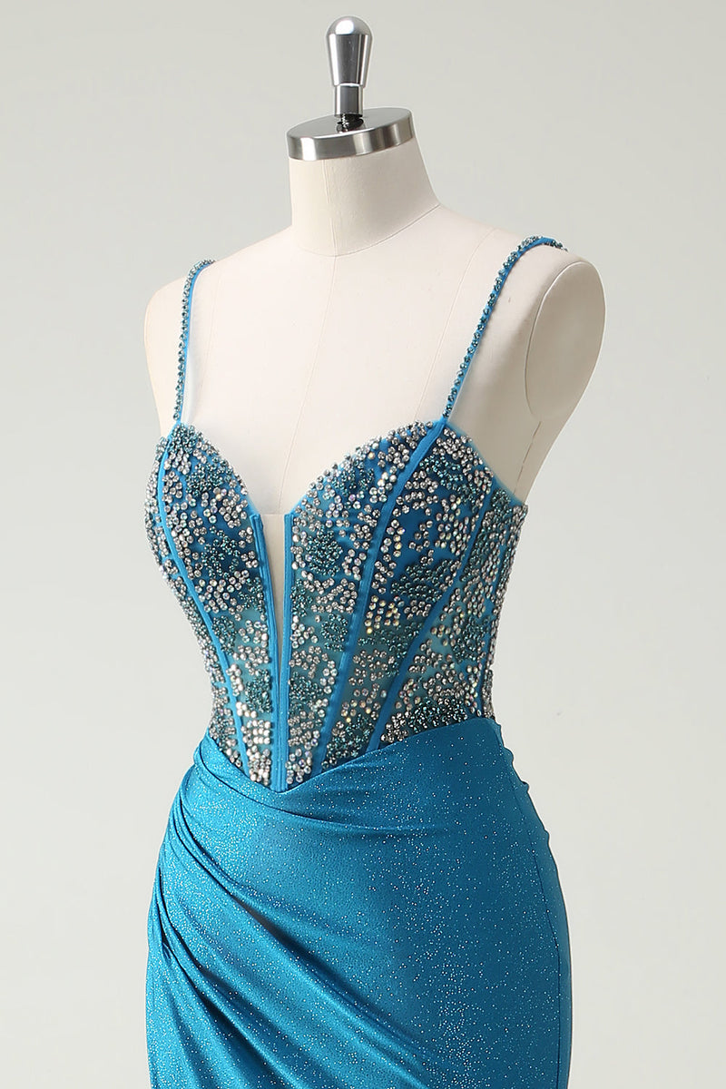 Laden Sie das Bild in den Galerie-Viewer, Glitzer Blaues Spaghettiträger Perlen Korsett Langes Ballkleid mit Schlitz