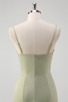 Laden Sie das Bild in den Galerie-Viewer, Salbei Korsett Spaghettiträger Plissiertes Langes Brautjungfernkleider mit Schlitz