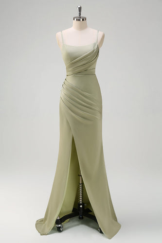 Salbei Meerjungfrau Spaghettiträger Rüschen Satin Brautjungfernkleid mit Schlitz