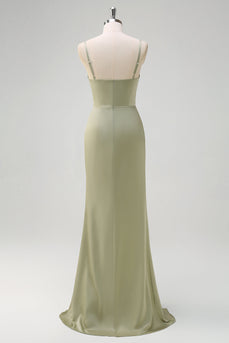 Salbei Meerjungfrau Spaghettiträger Rüschen Satin Brautjungfernkleid mit Schlitz