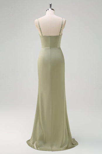 Salbei Meerjungfrau Spaghettiträger Rüschen Satin Brautjungfernkleid mit Schlitz