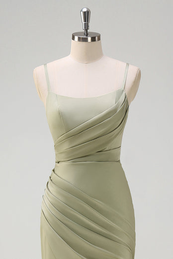 Salbei Meerjungfrau Spaghettiträger Rüschen Satin Brautjungfernkleid mit Schlitz