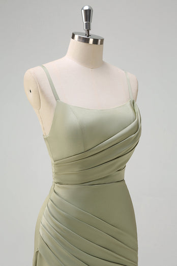 Salbei Meerjungfrau Spaghettiträger Rüschen Satin Brautjungfernkleid mit Schlitz