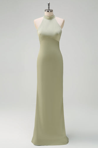 Salbei Neckholder Meerjungfrau Satin Boden Lange Brautjungfernkleid