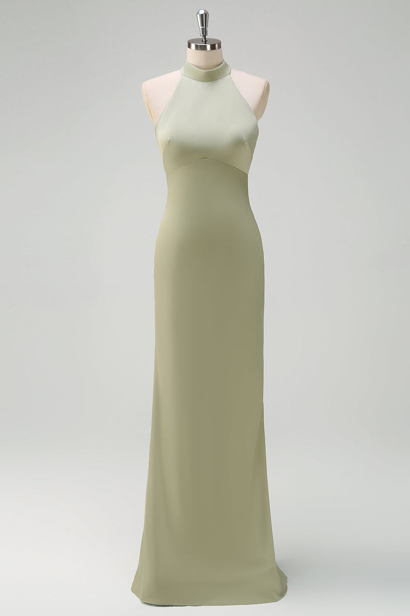 Laden Sie das Bild in den Galerie-Viewer, Salbei Neckholder Meerjungfrau Satin Boden Lange Brautjungfernkleid