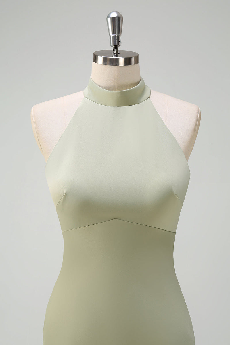Laden Sie das Bild in den Galerie-Viewer, Salbei Neckholder Meerjungfrau Satin Boden Lange Brautjungfernkleid