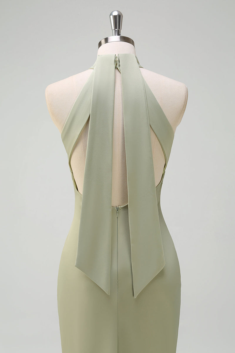 Laden Sie das Bild in den Galerie-Viewer, Salbei Neckholder Meerjungfrau Satin Boden Lange Brautjungfernkleid